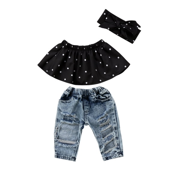 3pcs Newborn Baby Girls Dot Off Shoulder Tops   Ripped Hole Jeans Casual Pants Outfits Clothing Set