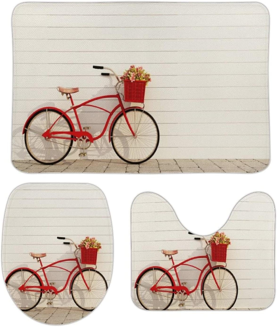 3pcs Non Slip Bathroom Rug Toilet Seat Lid Cover Set Red Flower Bike ...