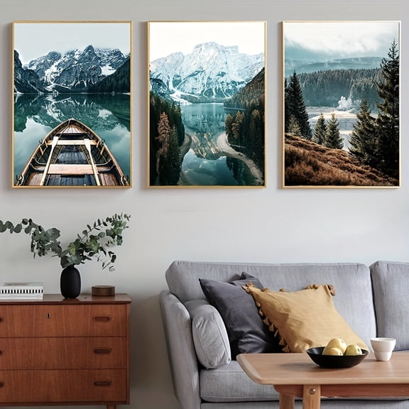 3pcs Nordic Nature Landscape Painting, Scandinavian Forest Lake Boat Mountain Art Poster Photograph Aesthetic Canvas Print Wall Picture, For Living Room Decoration, Bedroom Decoration, Office Room D