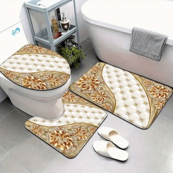 3pcs Nordic Style Gorgeous Series Gold Diamond Flower Pattern Bathroom Mat Set Toilet Seat Ring U-shaped Foot Mat
