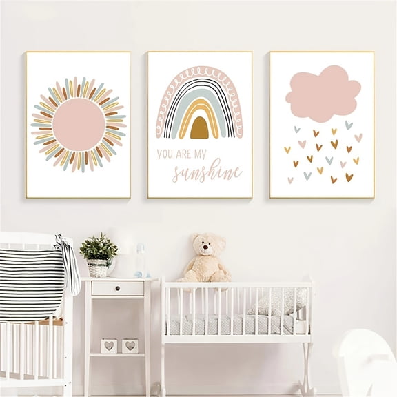3pcs Nordic Sun Cloud Posters - Nursery Art Print for Baby Kids Room Decor - Rainbow Canvas Painting with Frameless Design