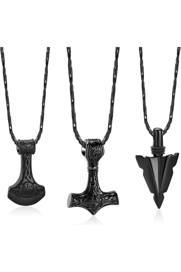 3pcs Norse Viking Urn Necklace for Men Thors Hammer Norse Mjolnir Ashes Pendant Necklace with Spearpoint Arrowhead Cremation Jewelry