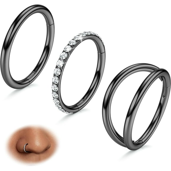 3pcs Nose Rings Hoops - 316L Surgical Steel Double Hoop Nose Rings 14G/16G/18G/20G Hinged CZ Piercing Jewelry Septum Clicker Rings Cartilage Earring Helix Rook Tragus Daith 7mm/8mm/9mm/10mm