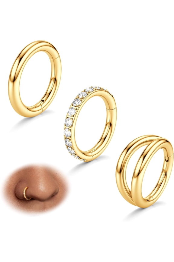 3pcs Nose Rings Hoops - 316L Surgical Steel Double Hoop Nose Rings 14G/16G/18G/20G Hinged CZ Piercing Jewelry Septum Clicker Rings Cartilage Earring Helix Rook Tragus Daith 7mm/8mm/9mm/10mm