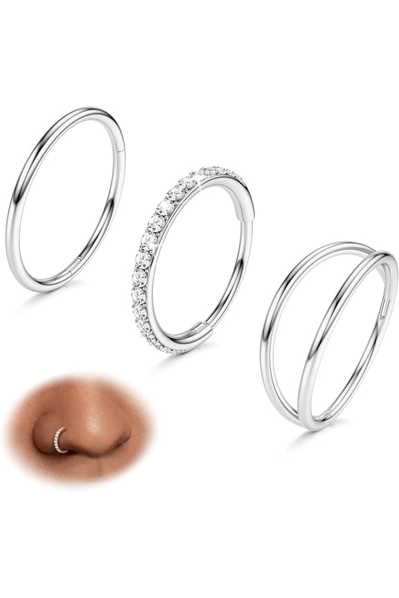 3pcs Nose Rings Hoops - 316L Surgical Steel Double Hoop Nose Rings 14G/16G/18G/20G Hinged CZ Piercing Jewelry Septum Clicker Rings Cartilage Earring Helix Rook Tragus Daith 7mm/8mm/9mm/10mm