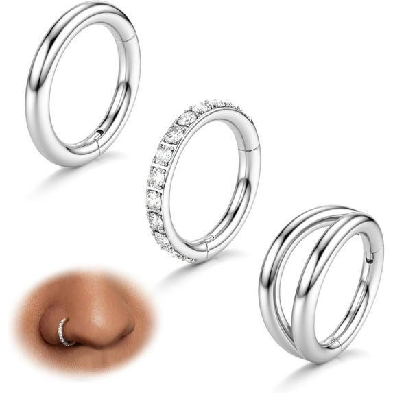 3pcs Nose Rings Hoops - 316L Surgical Steel Double Hoop Nose Rings 14G/16G/18G/20G Hinged CZ Piercing Jewelry Septum Clicker Rings Cartilage Earring Helix Rook Tragus Daith 7mm/8mm/9mm/10mm