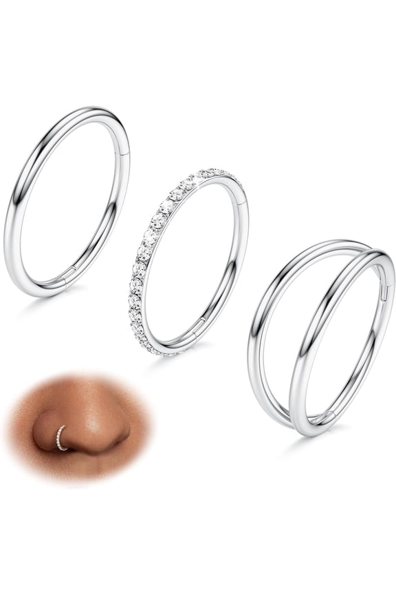 3pcs Nose Rings Hoops - 316L Surgical Steel Double Hoop Nose Rings 14G/16G/18G/20G Hinged CZ Piercing Jewelry Septum Clicker Rings Cartilage Earring Helix Rook Tragus Daith 7mm/8mm/9mm/10mm