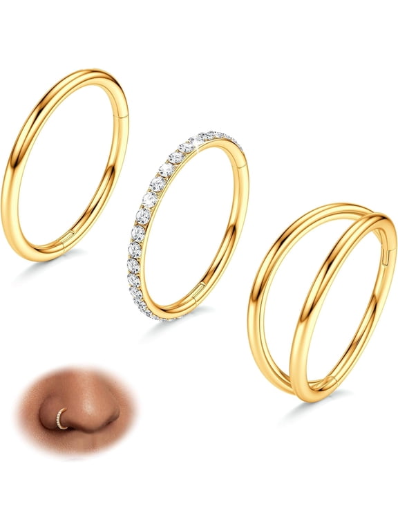 3pcs Nose Rings Hoops Double Hoop Nose Ring 14/16/18/20G Hinged CZ Piercing Jewelry Septum Clicker Rings Cartilage Earring Helix Rook Tragus Daith 7mm/8mm/9mm/10mm