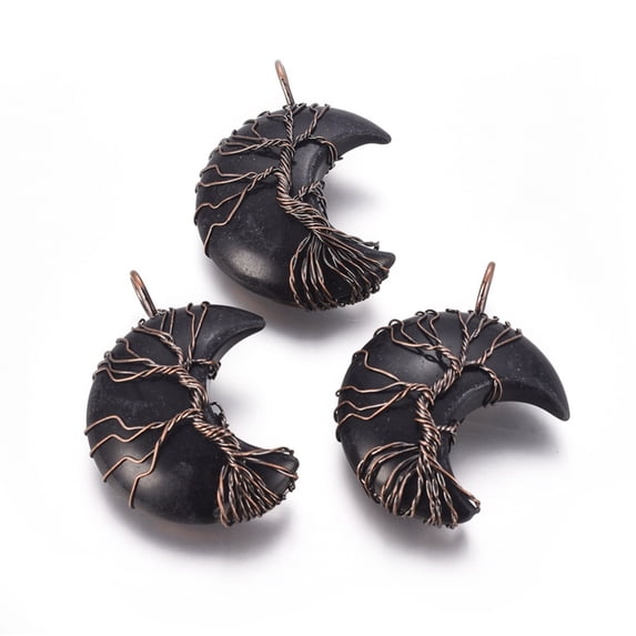 3pcs Obsidian Tree of Life Wire Wrapped Pendants with Brass Findings Crescent Moon Red Copper 44~46x26~32x12.5mm Hole: 6.5x4.5mm