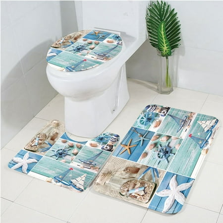 3pcs Ocean Beach Bathroom Rug Mat Set with Contour Mat Toilet Lid Cover Nautical Theme Pedestal Mat Non Slip Bath Mat Toilet Rug Set