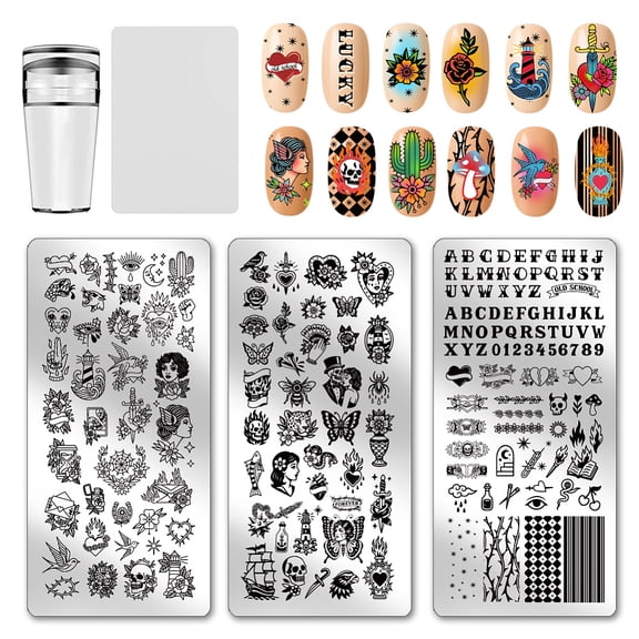 3pcs Old School Nail Stamping Plates Retro Floral Nail Art Templates Alphabet Number Manicure Art Stencils Gothic Themed Nails Design Stamp DIY