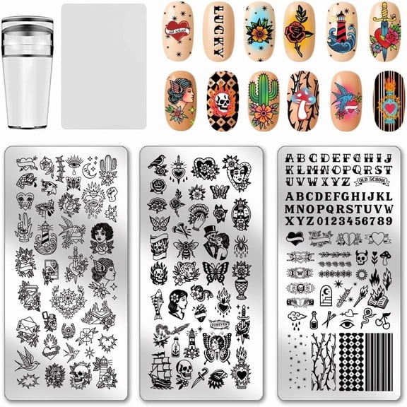 3pcs Old School Nail Stamping Plates Retro Floral Nail Art Templates Alphabet Number Manicure Art Stencils Gothic Themed Nails Design Stamp