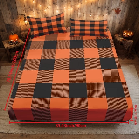 3pcs Orange Autumn Harvest Thanksgiving Design Printed Fitted Sheet Set (1 * Fitted Sheet+2 * Pillowcase, Without Core), Suitable for Home Bedroom, Guest Room, Dormitory Decoration Mattress