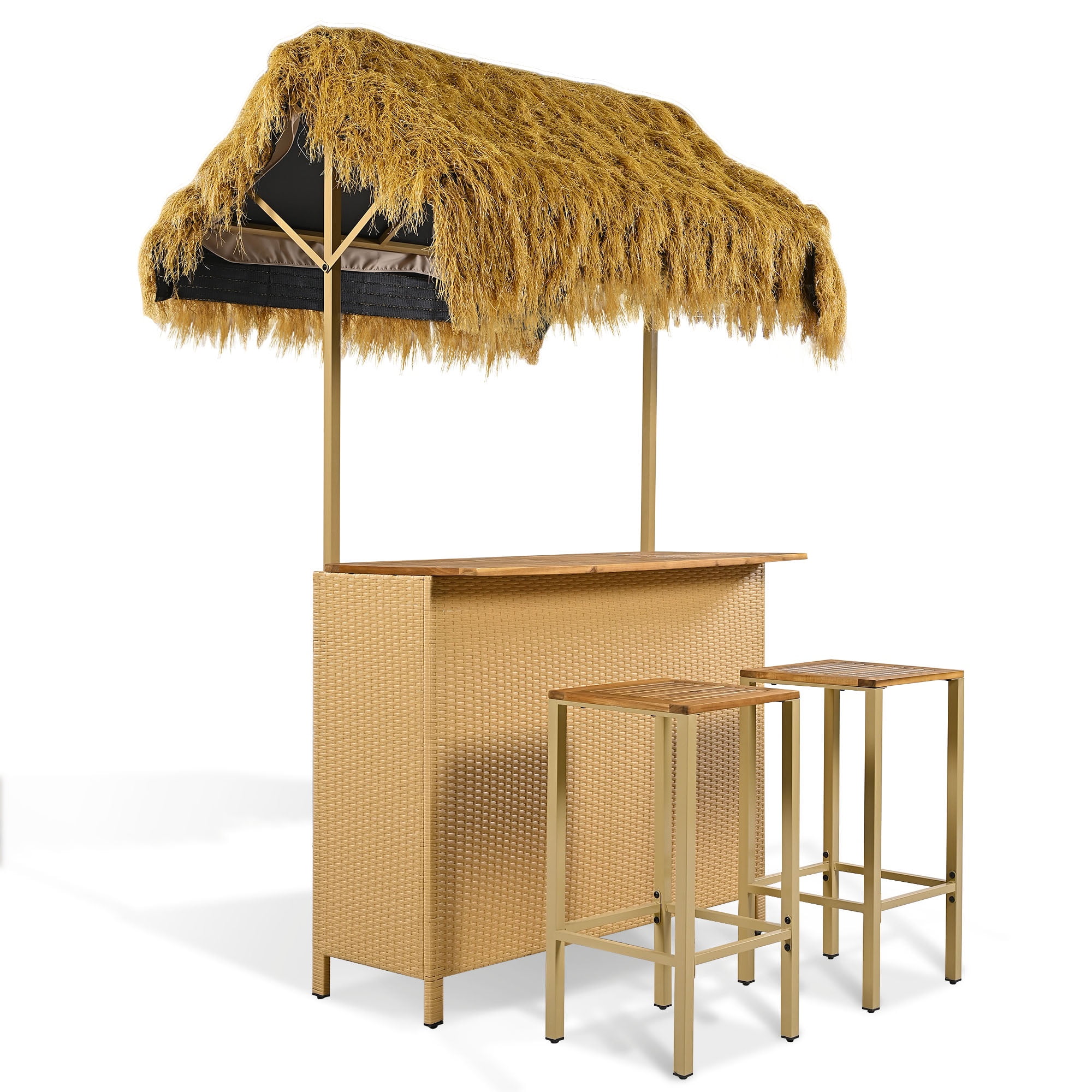3-Piece Beige and Brown Wood Outdoor Bar Set with Canopy