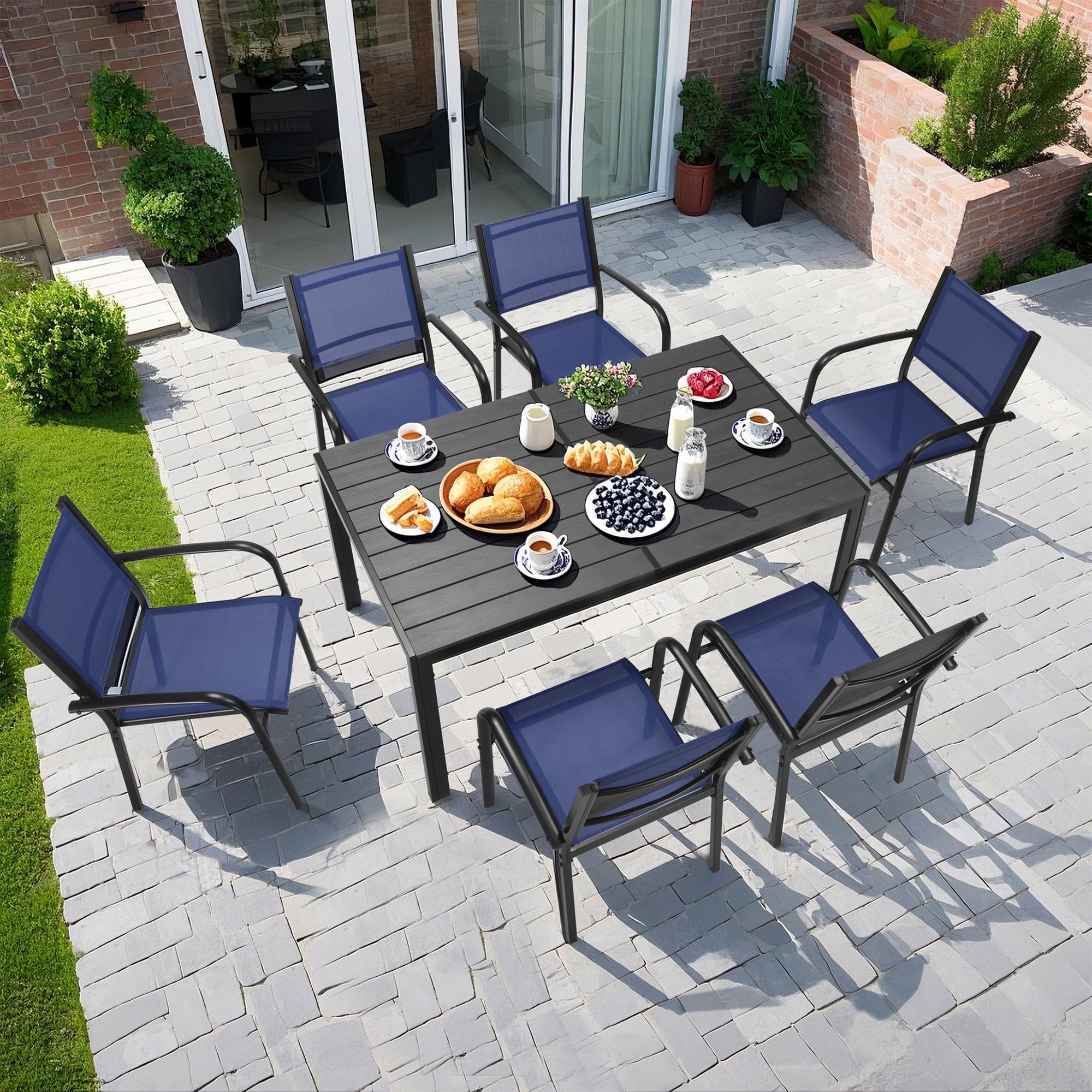 7 Piece Outdoor Patio Dining Set, Plastic-wood Dining Table and Chair for 6, All-weather Textilene Armchair Set Space-saving for Small Garden Yard Deck Porch, Blue