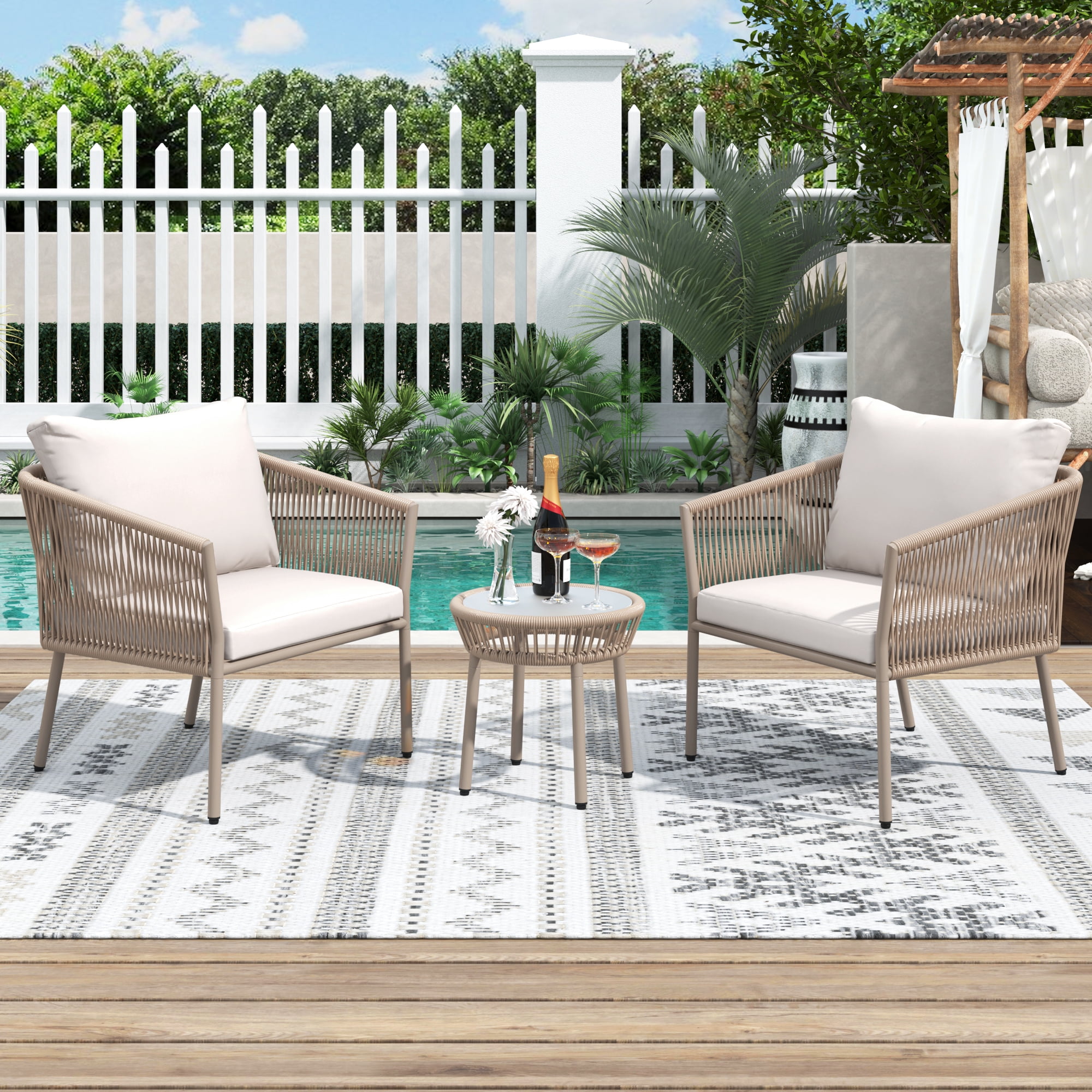 3pcs Outdoor Woven Rope Conversation Bistro Set Patio Chat Furniture Sets with 2 Single Chairs and 1 Coffee Table All Weather Outdoor Woven Rope