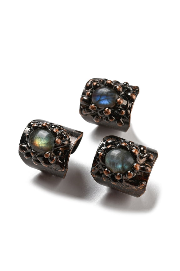 3pcs Oval Natural Labradorite Open Cuff Rings Red Copper Tin Finger Ring Cadmium Free & Lead Free Inner Diameter: 16.5~17mm