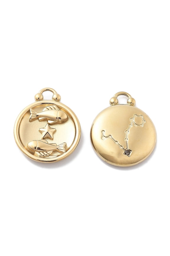 3pcs PVD Vacuum Plating 304 Stainless Steel Rhinestone Pendants Flat Round with Constellations Charm Real 18K golden Plated Pisces 20.5x16.5x3.5mm Hole: 2.5mm