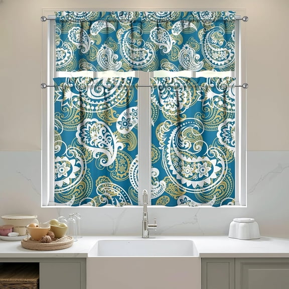 3pcs Paisley Kitchen Curtains and Valances Set Curtain for Funny Window Over Sink Ideas Decor for Kitchen Bedroom Bathroom Small Window Drapes