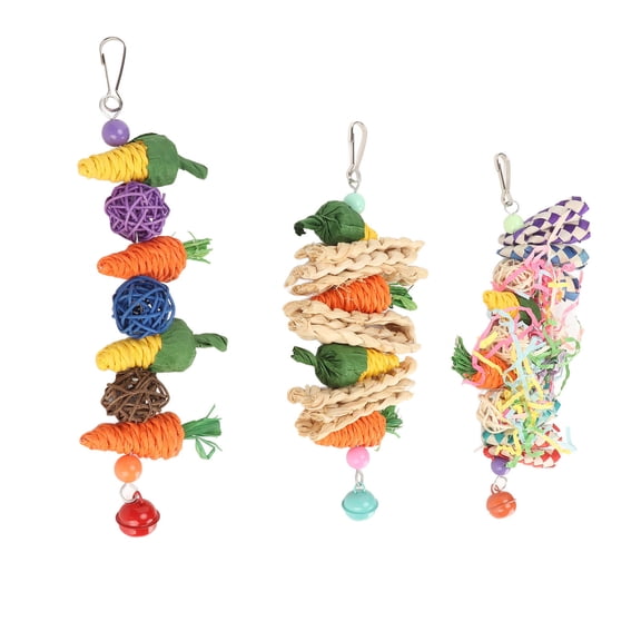 3pcs Parrot Chew Toys Set Weave Carrot Corn Rattan Balls Shredded Paper Bird Hanging Cage Toy for Budgies Lovebirds Conures Cockatiels Parakeets, 9.05x7.08x1.96 inches