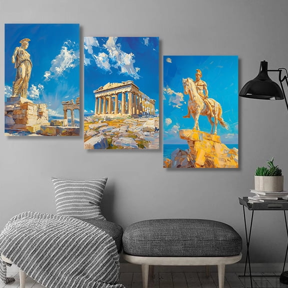 [3pcs Parthenon Canvas Art Set] 3pcs Ancient Greece Canvas Art Set - Unframed 16x24 inch Parthenon & Acropolis Paintings for Living Room, Bedroom, Hallway Decor