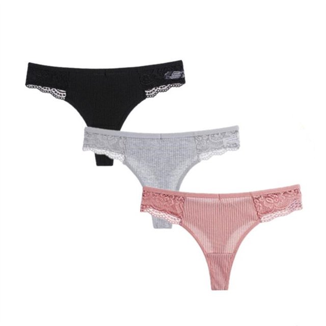 3pcs Patchwork Lace Ribbed Cotton Panties Pack Women Seamless Panties
