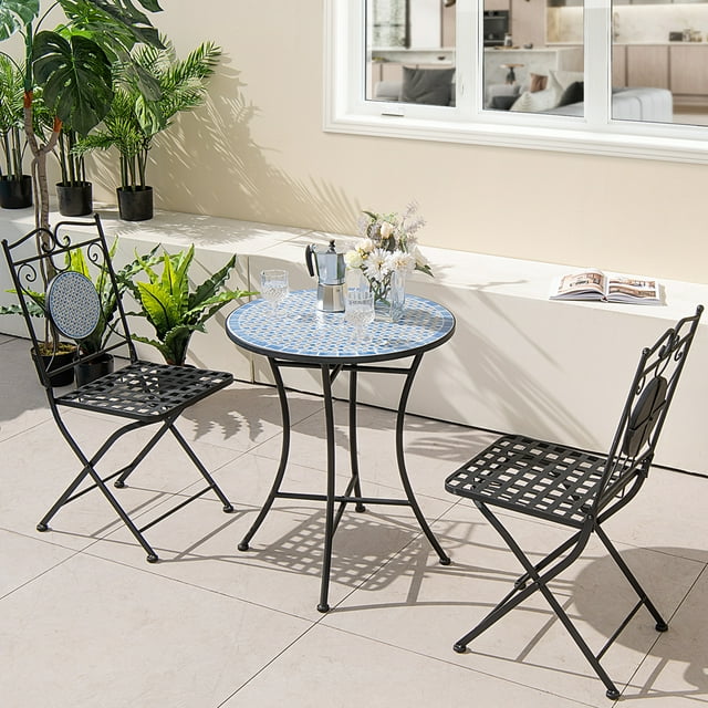 3pcs Outdoor Metal Patio Bistro Set, Mosaic Table Chairs for Porch, All