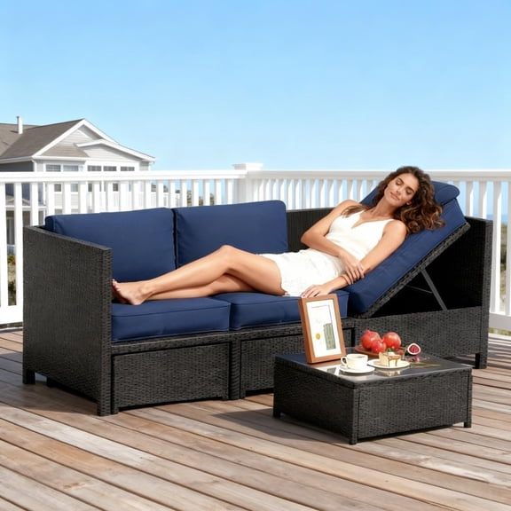 3pcs Patio Furniture Set, Rattan Recliner Sofa 3-Seat Wicker Outdoor Patio Conversation Set with Table, Patio Couch Set Rattan Sofa with Thick Cushions, Outside Couch for Backyard, Poolside