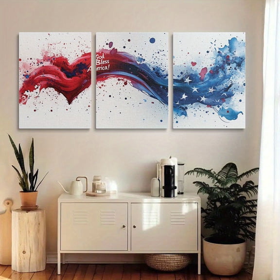 3pcs Patriotic American Flag Heart Canvas Wall Art - Unframed Independence Day Decor with "God Bless America" Text, Red, White & Blue Design for Living Room, Bedroom, or Bathroom, Patriotic Decor |