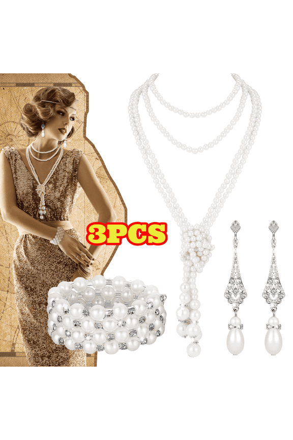 3pcs Pearl Jewelry Set, Including Vintage Flapper Earrings Layered Pearl Necklace Bracelet for Women