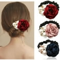 thumbnail image 1 of 3pcs Pearl Rhinestone Rose Flower Hair Bows Elastics Bands Hair Ties Pearl Hair Bands Ponytail Holder Elastic Hair Scrunchies Hair Accessories Jewelry Rubber Band for Women Girls, 1 of 4