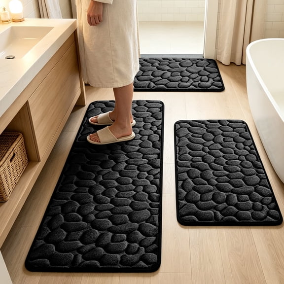 3pcs Pebble Bath Mat Set, Large Absorbent 25D Sponge Rugs with Non Slip Latex Backing, Soft Washable Floor Mats for Bathroom, Shower, Tub and Vanity Area, Black