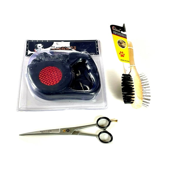 3pcs Pet Dog Reflective Retractable Leash Hair Brush Grooming Scissors Set