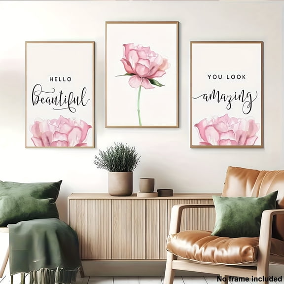 3pcs Pink Floral Room Wall Art Set - Hello Beautiful & You Look Amazing Quotes, Soft Peach & Blush Pink Minimalist Female-Focused Paintings for, ' Bedroom Decor, 2D Flat, Perfect for Room Decor