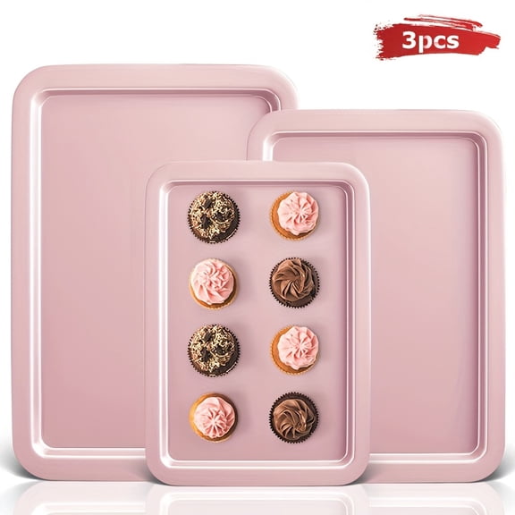 3pcs Pink Nonstick Baking Sheet Pan Set, Half/Jelly Roll/Quarter Tray with Wider Grips, Dishwasher Safe Premium Oven Cookie Sheet