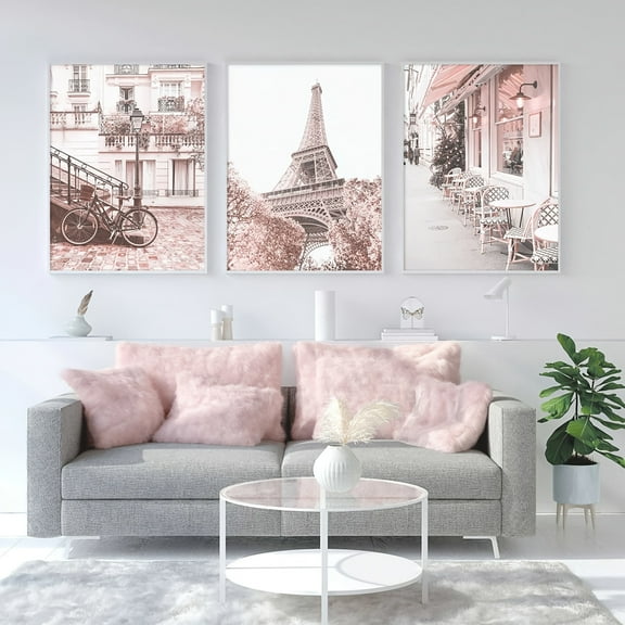 3pcs Pink Paris Wall Art Set, Blush Pink Street Scene Canvas Prints, French Decor Poster Set for Living Room, Bedroom, and Girls' Room, Unframed, Lipstick Pink, Wall Decor