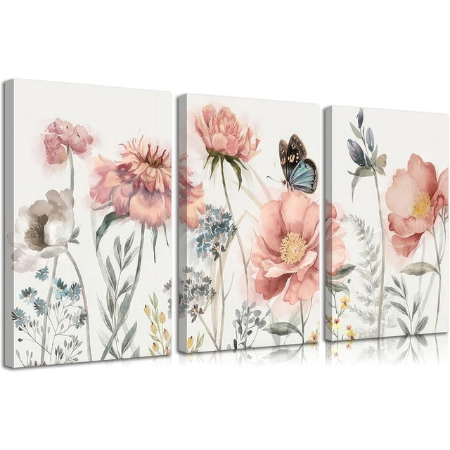 3pcs Pink Peony Floral Canvas Wall Art Butterfly Blossom Wall Decor