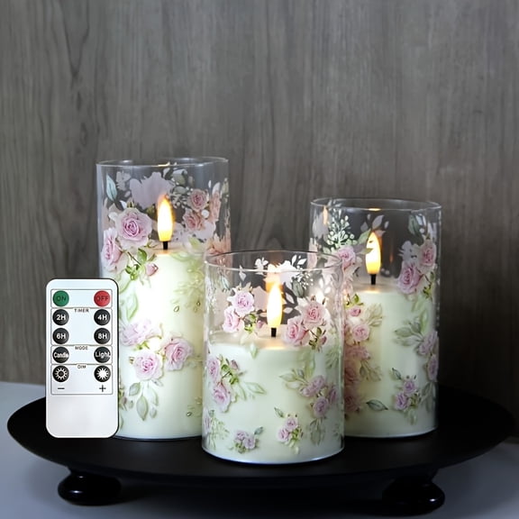 3pcs Pink Rose LED Candles - Remote Control Timing Real Moving Wick Romantic Decor