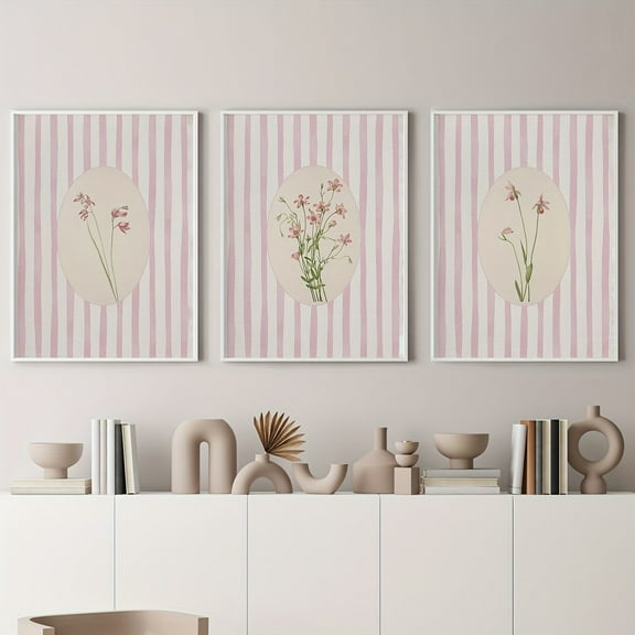 3pcs Pink Striped Floral Art Prints - Frameless Botanical Wall Decor for Girls Room, Pastel Pink Cottagecore Style, Elegant Home Accents, Wall Decor