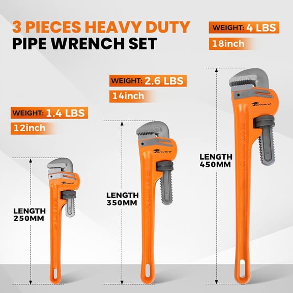 3pcs Pipe Wrench Set - 10", 14", 18" Heavy Duty Ductile Iron & Forged Steel Plumbing Wrench Hand Tools Kit
