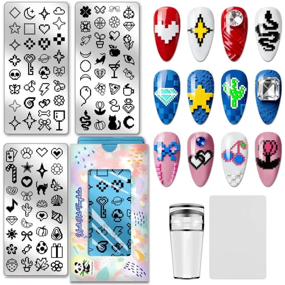 3pcs Pixel Art Nail Stamp Plates Heart Star Moon Nail Stamper Cute Pattern Manicure Stencils Flower Nails Art Templates Nail Image Plate