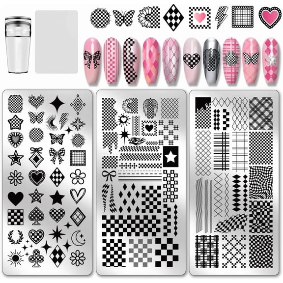 3pcs Plaid Nail Stamping Plates Checkerboard Nails Art Stencils Tartan Nail Art Templates Hart Star Image Plates