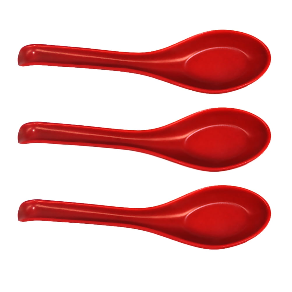3pcs Plastic Reusable Dinner Spoons Asian Red and Black Chinese Soup Spoons  Set Large Spoons with Long Handle 