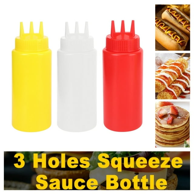 3pcs Plastic Squeeze Condiment Bottles 16 oz 3 Hole Mustard Ketchup