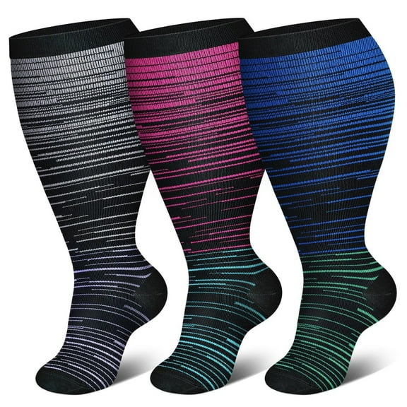 3pcs Plus Size Compression Socks for Women 15-20 mmhg Extra Wide Calf Knee High Support Socks for Circulation，3XL,Style 11
