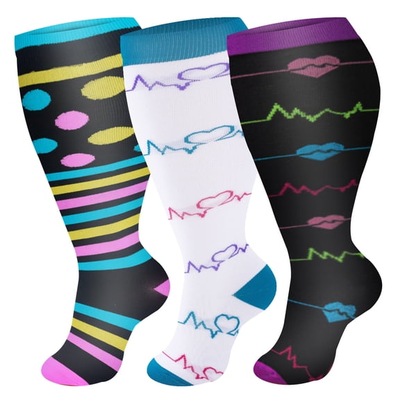 3pcs Plus Size Compression Socks for Women 15-20 mmhg Extra Wide Calf Knee High Support Socks for Circulation,3XL,Style 16