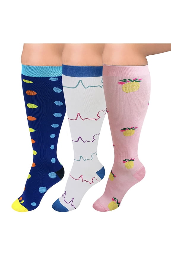3pcs Plus Size Compression Socks for Women Extra Wide Calf Knee High Support Socks for Circulation2XL-Style 15
