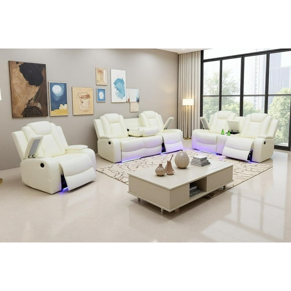 3pcs Power Recliner Sectional Sofa Reclining Couch Set Recliner Breathing Leather with Loveseat, Chair ( 6 seater),White