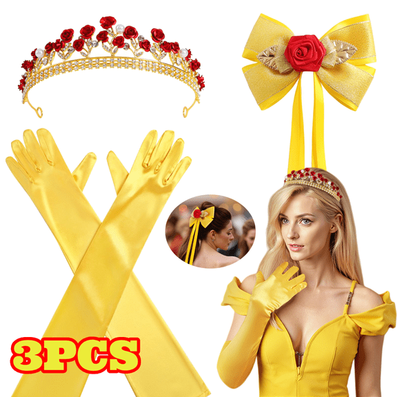 3pcs Princess Rose Crown Tiara Hair Bow with Yellow Gloves, Women's Dress Up Party Costume Accessories