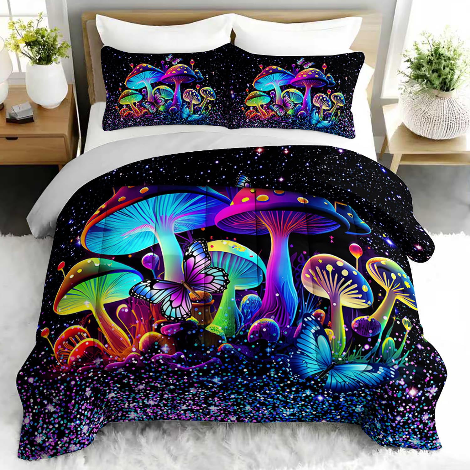3pcs Psychedelic Mushroom Comforter Set, Neon Glow Bedding Set for Bedroom or Guest Room Decor, All Seasons Quilt Machine Washable Duvet with 2 Pillowcases